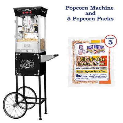 Matinee Popcorn Machine and Cart and 5 All-In-One Popcorn Packs by Great Northern Popcorn (Black)