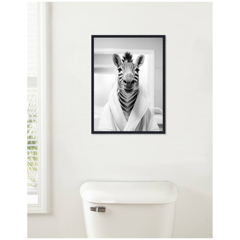 Kate and Laurel Sylvie Zebra Bathroom Art Towel Robe Black and White Framed Canvas by The Creative Bunch Studio