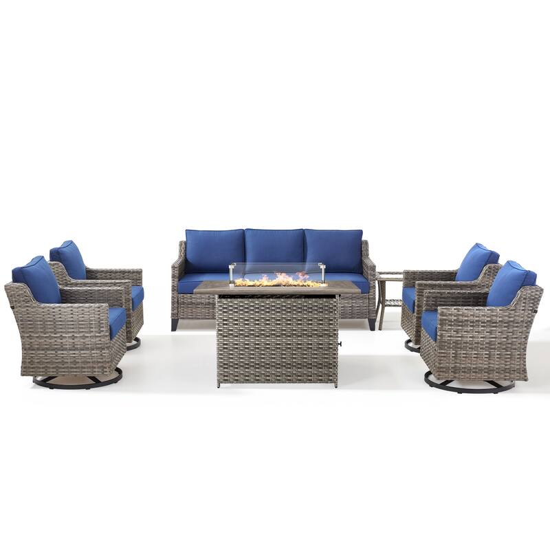 Pocassy Outdoor Swivel Chair with Sofa with Fire Pit Table