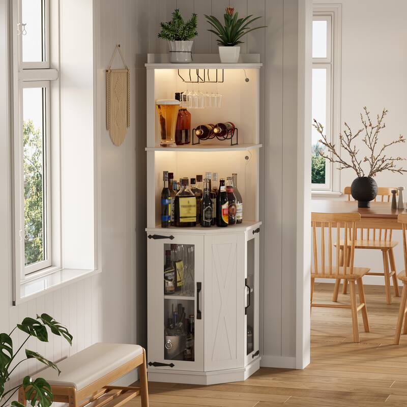 67.3" Corner Kitchen Bar Cabinet Farmhouse Wine Bar Cabinet with Power Outlet, LED Lights, Glass Rack & Adjustable Shelves