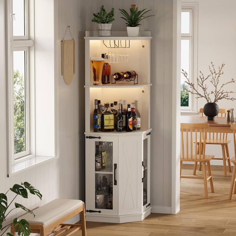 Farmhouse 67.3" Corner Wine Bar Cabinet with Power Outlet and Adjustable Shelves