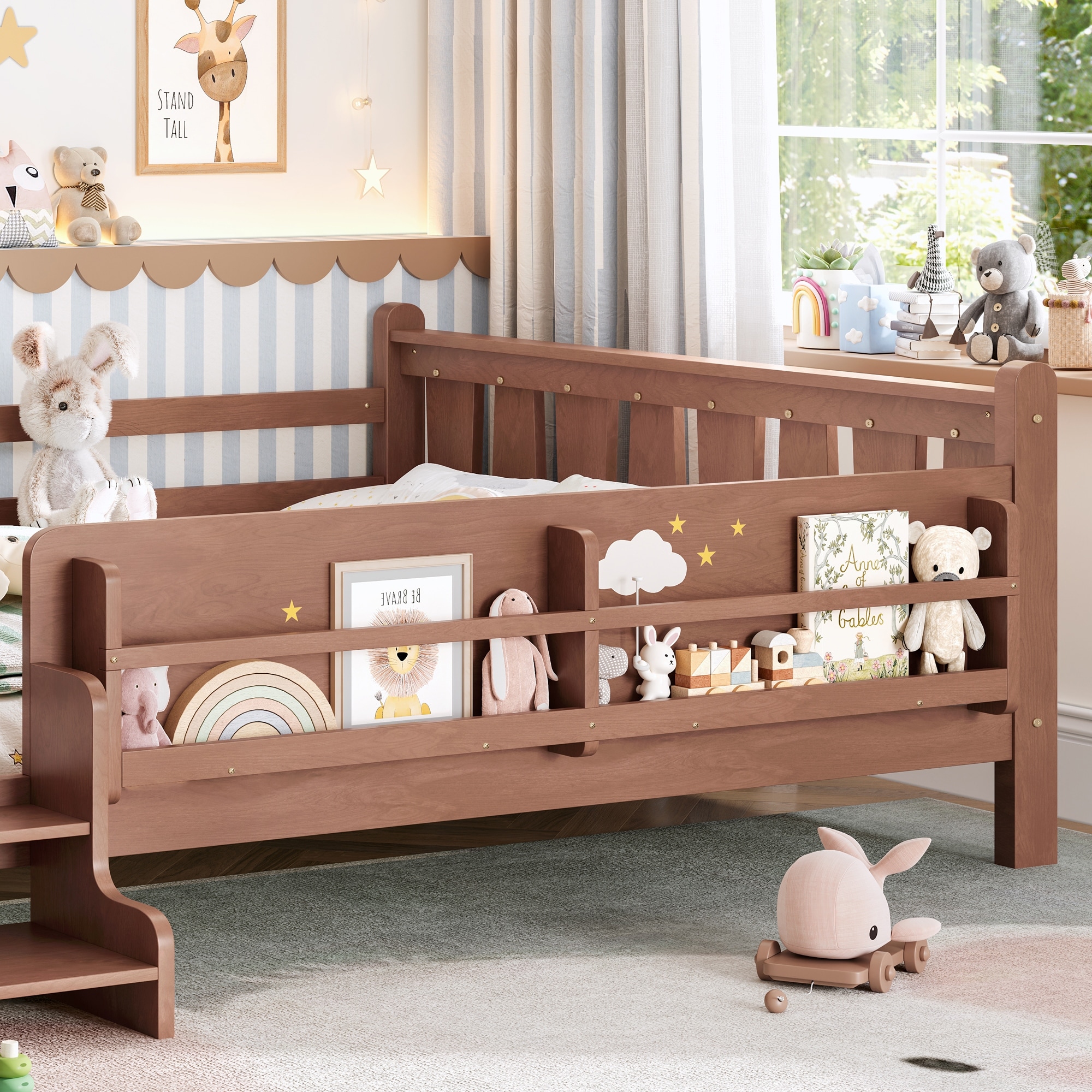 Solid Wood Kids Floor Bed with Built-In Bookcase Storage & Stair Access, Solid Wood Platform Bed Frame with Full Guardrails