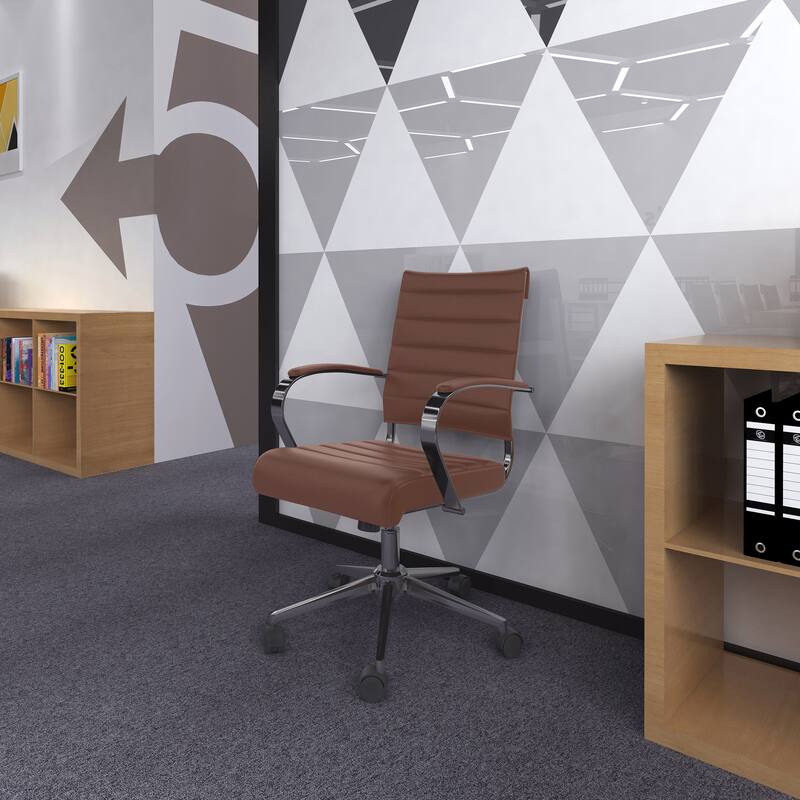 Office Chairs Mid Back Ribbed PU Leather Conference Room Tilt Work Desk Manager Task Executive Lumber Support Boss