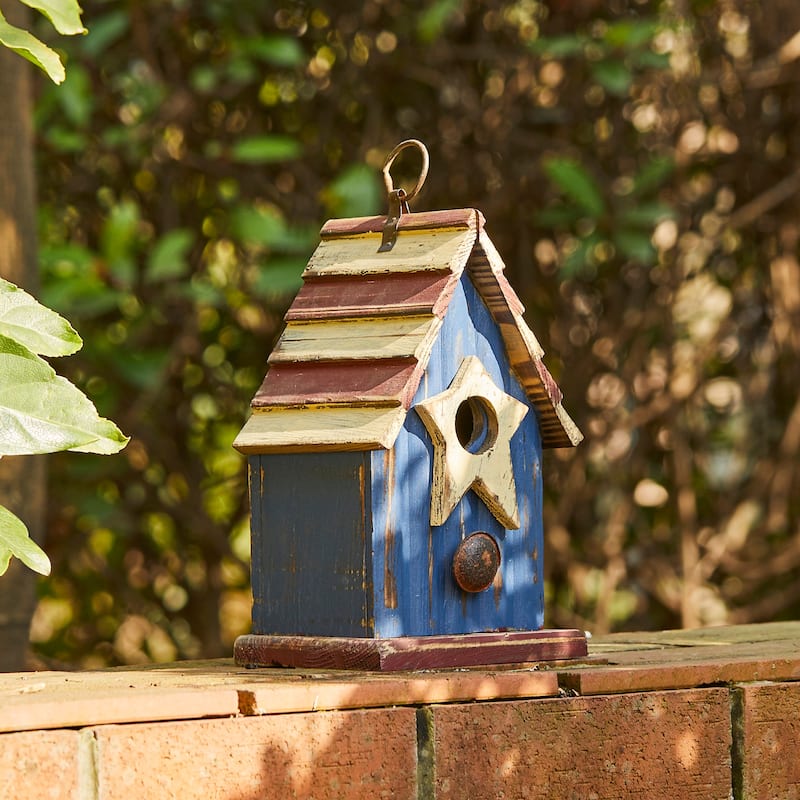 Glitzhome Wooden Patriotic Distressed Garden Birdhouse with Stars