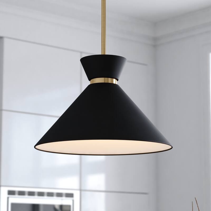 Racine Mid-Century Modern Bowtie Pendant Light, LED Compatible - Matte Black and Natural Brass - 15-in W x 9.75-in H x 15-in D