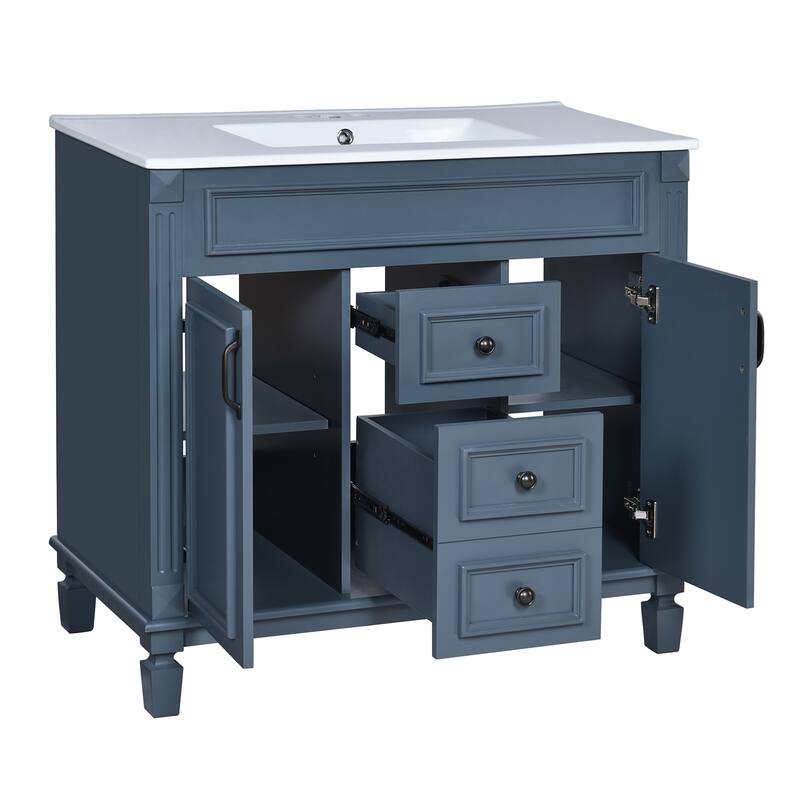 GDFStudio - Marwood Modern Bathroom Vanity Set with Ceramic Sink and Mirror Cabinet with 2 Soft Closing Doors & Drawers - 35.9'W
