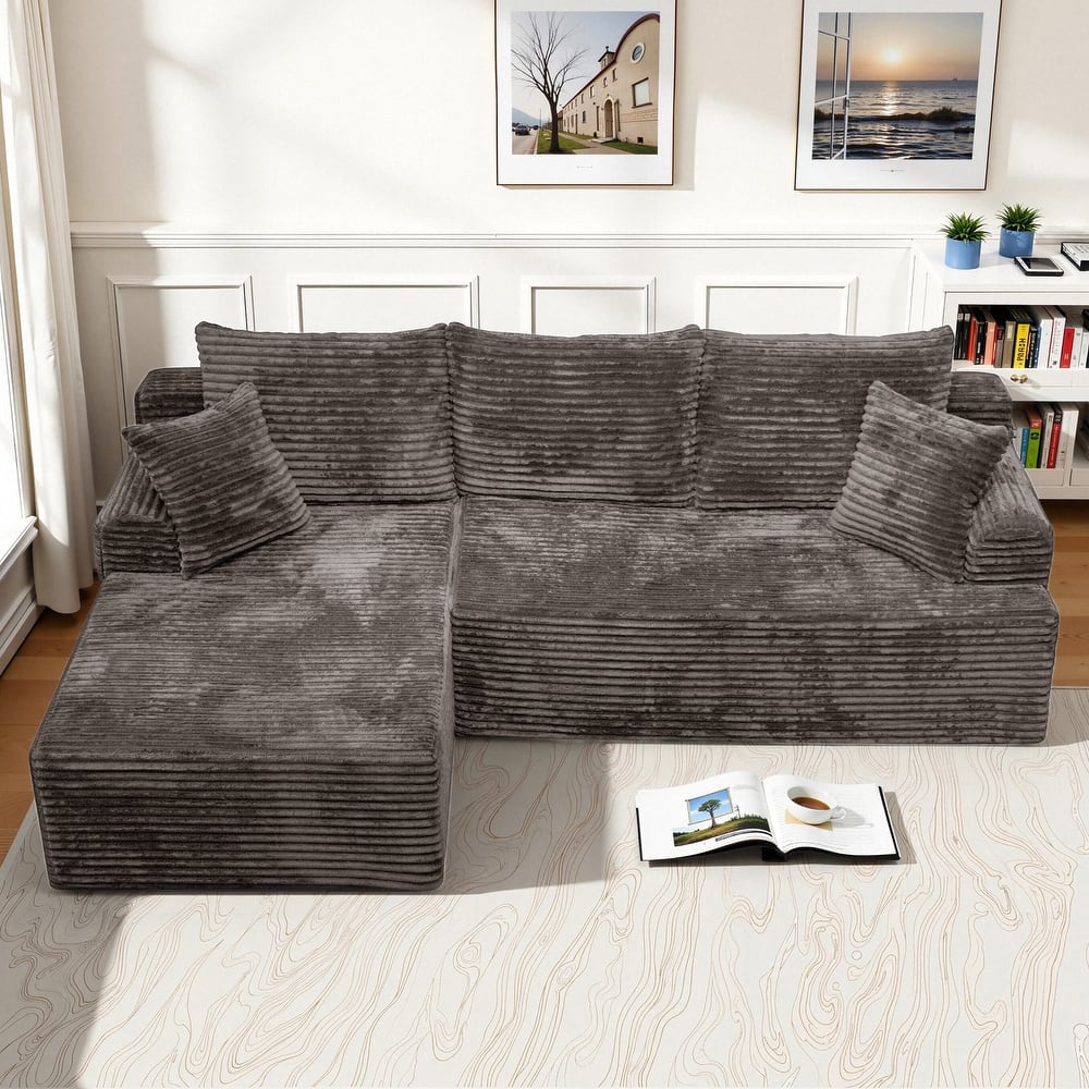 L-Shaped Corner Sectional Sofa Set with Side Chaise Lounge, Soft Foam Cushion Modular Sofa Corduroy Leisure Couch