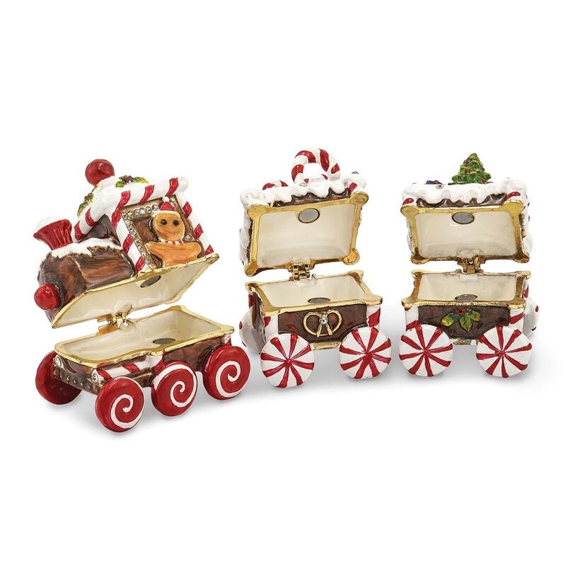 Curata Pewter Bejeweled Crystals Gold-Tone Enameled Candy Cane Train Trinket Box on 18 Inch Necklace