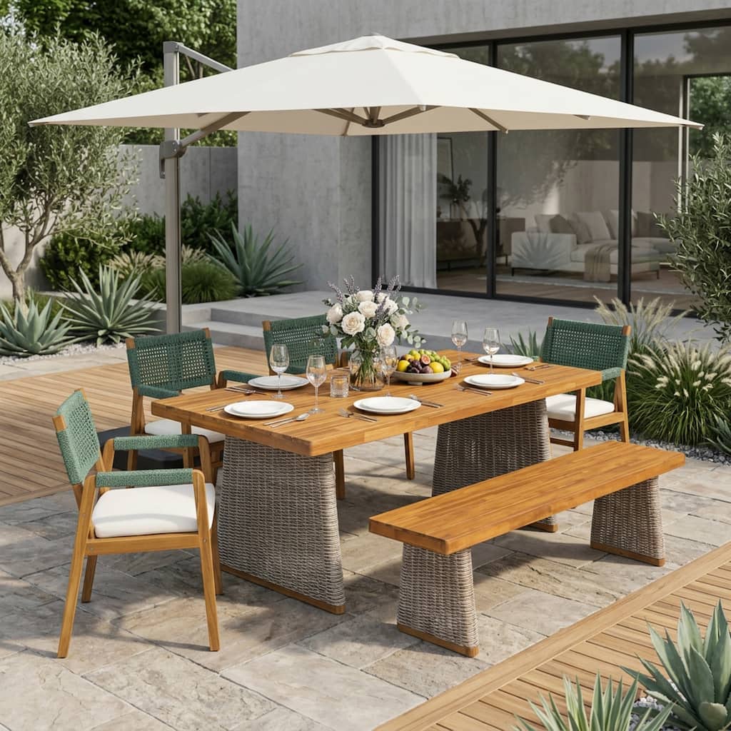 Christopher Knight Home - Capri 6-Piece Outdoor Dining Set in Acacia Wood with Beige Cushions and Green Rope Wicker Chairs