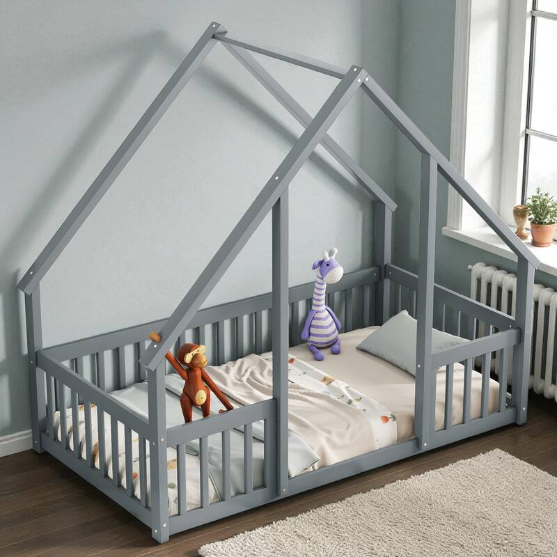 Twin/Full Size Wooden House-Shaped Floor Bed with Fence and Guardrails, Kids Montessori Bed with Roof Frame
