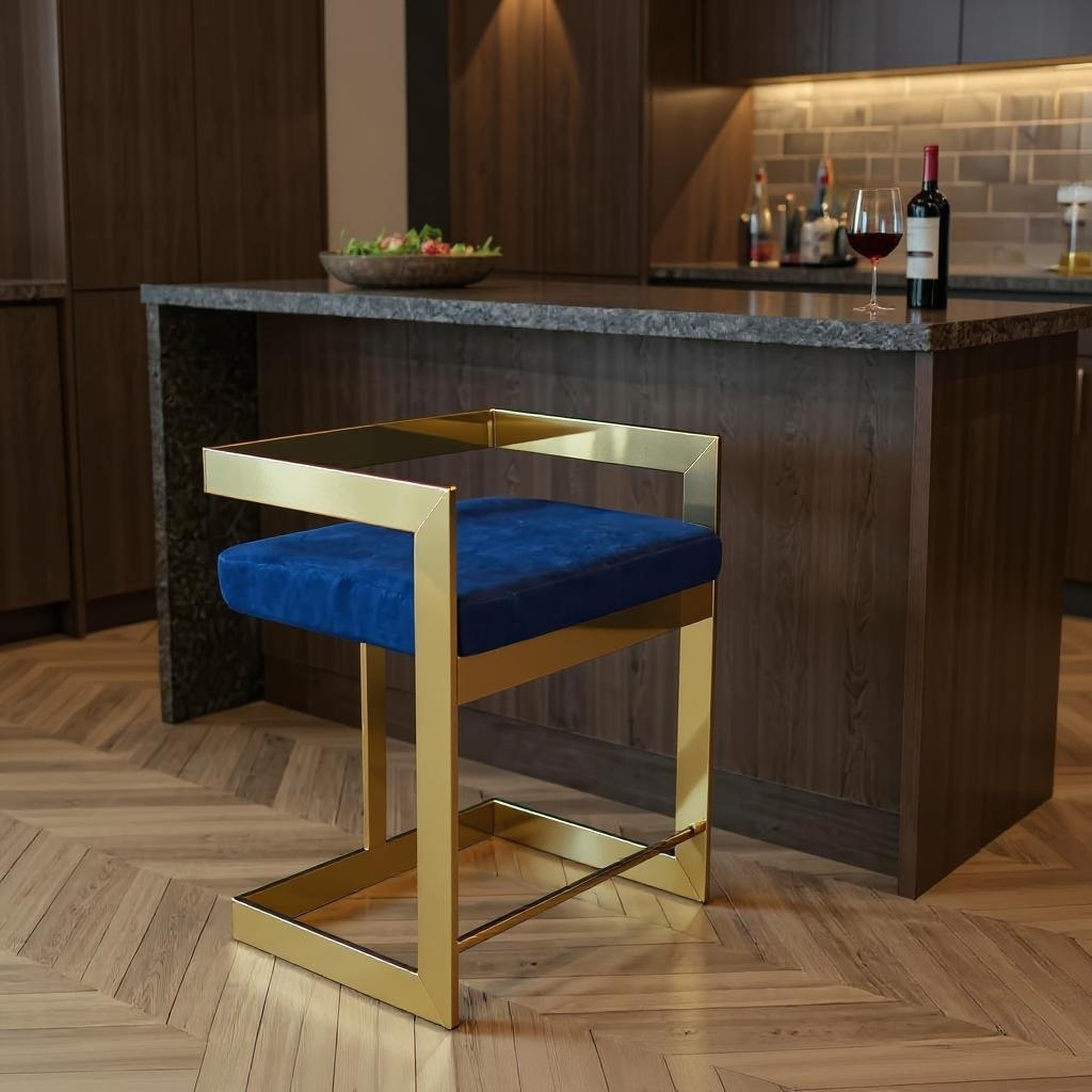 HomeRoots 26" Blue and Gold Metal and Velvet Low Back Counter Height Bar Chair