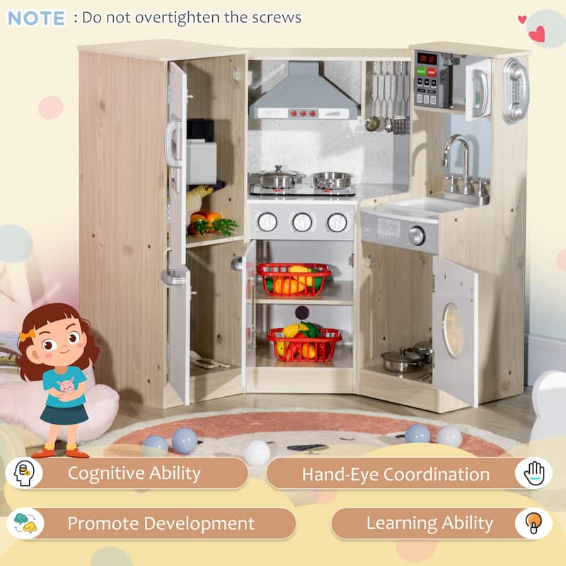 Qaba Ultra-Big Corner Kids Kitchen Playset with Sound Effects, Wooden Play Kitchen with Stainless Steel Cooking Toys