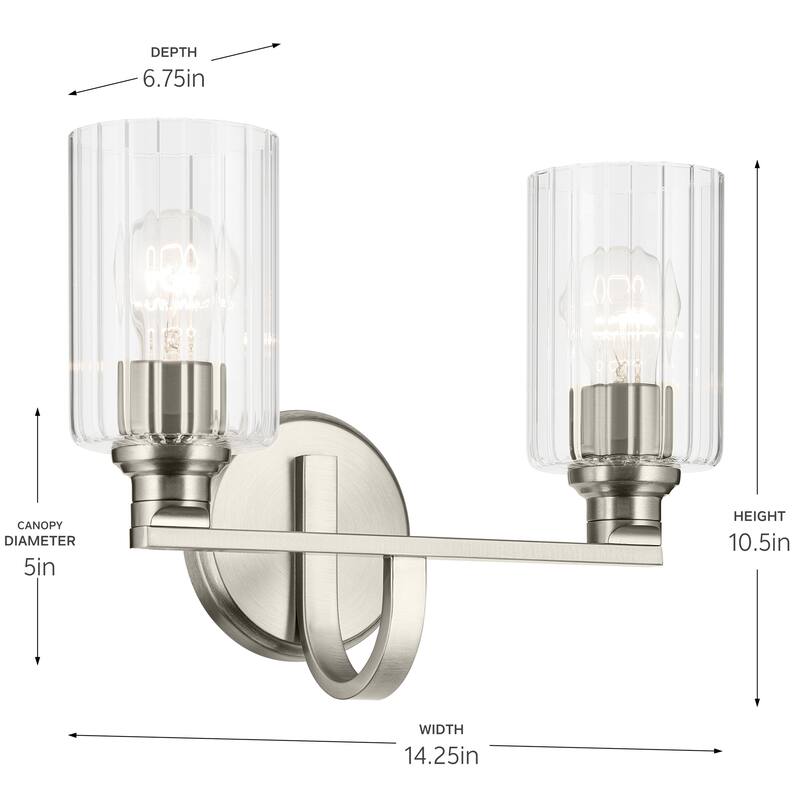 Kichler Lighting Gioe 14.25" 2-Light Vanity Light with Clear Fluted Glass in Brushed Nickel
