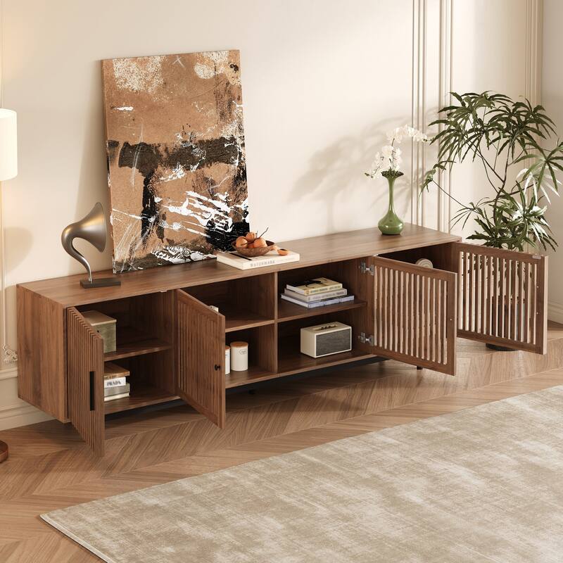 TV Storage Stand for TVs up to 85", Boho Entertainment Center with Louvered Door, Media Storage Console with 4 Cabinets