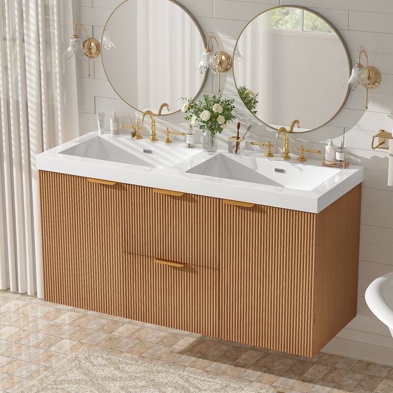 47.24" Wall-Mounted Double Bathroom Vanity with SMC Top, Modern Floating Cabinet with Soft-Close Doors & Drawers