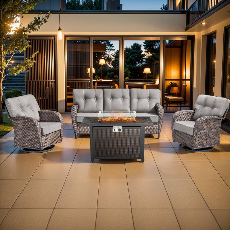 Pocassy Outdoor 43 In Fire Table with Sofa Patio Swivel Chair Set - Brown Wicker Gray Cushion - 6-Piece Sofa Swivel Chair with Fire Pit Table