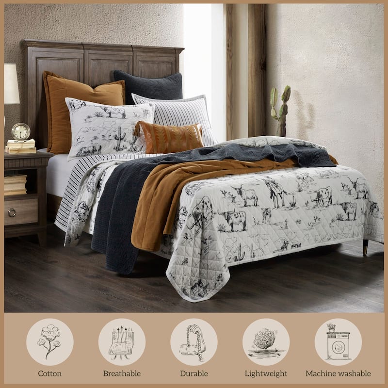 Paseo Road Ranch Life Western Cowboy White/Black 100% Cotton Rustic Toile Western Bedding 3 Piece Reversible Quilt Set