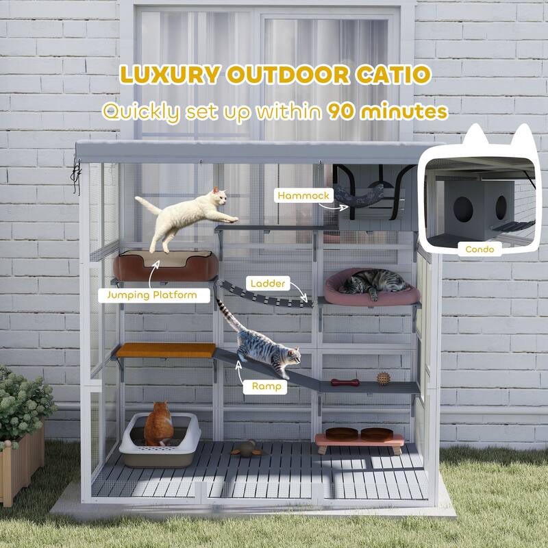 PawHut Catio Outdoor Cat Enclosure, Large Luxury Cat House Outside with Hammock, Condo, Jump Platforms, Ladders, 71"