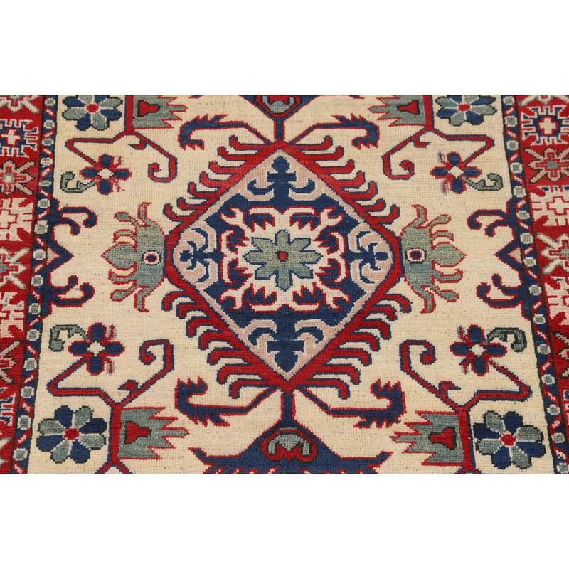 Geometric Kazak Accent Rug Hand-Knotted Foyer Wool Carpet - 3'5" x 4'10"