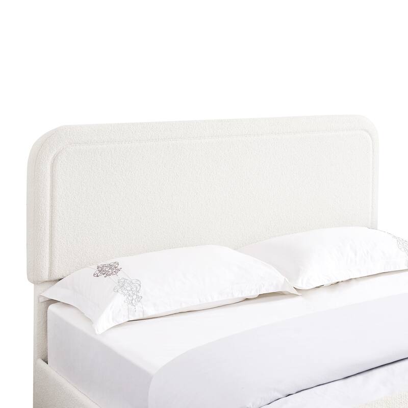 Queen Size Ivory Boucle Upholstered Platform Bed with 2 Built-in Dust-Proof Drawers and Tufted Headboard