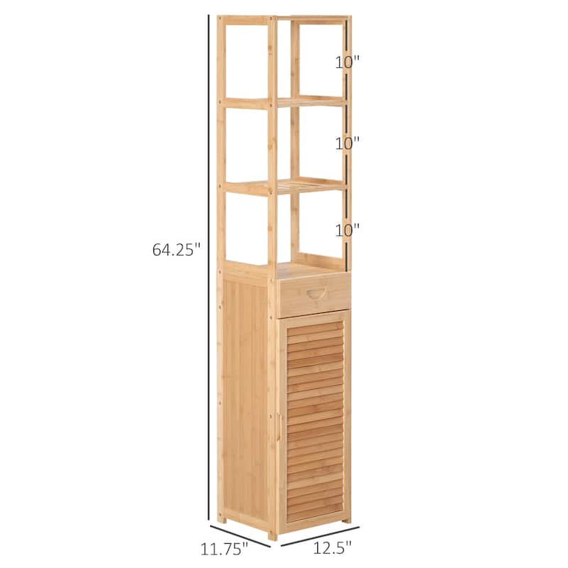 kleankin Tall Bathroom Cabinet with Drawer and Slatted Shelves, Slim Bamboo Linen Tower with Louvered Door