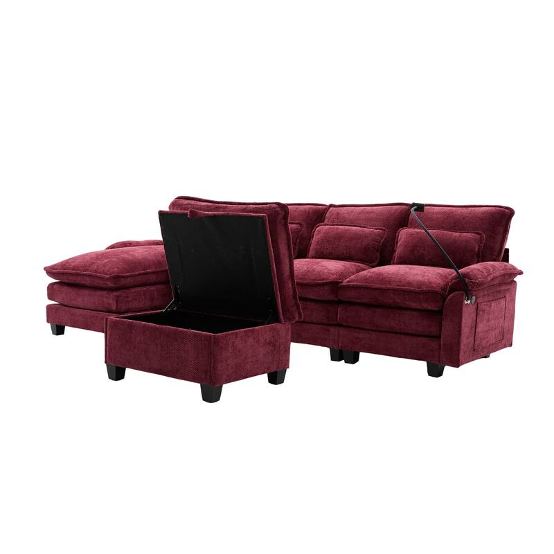 Chenille U-shape Sectional Sofa with Chaise and Storage Ottoman, Modular Couch with USB/Type-C Ports, Side Pockets, Phone Holder