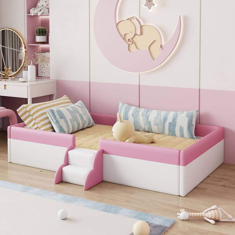 Roomfitters Twin/Full/Queen/King Size Upholstered Daybed Frame with Safety Fence and Stairs, PU Fabric Platform Bed with Slats - White+Pink - Full