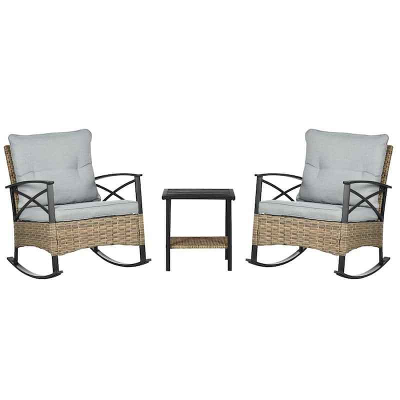 Outsunny 3 Piece Rocking Wicker Bistro Set, Outdoor Patio Furniture Set with two Porch Rocker Chairs - N/A