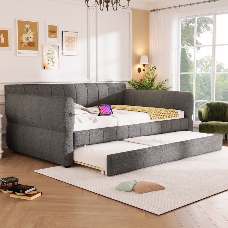Queen Size Upholstered Daybed with USB and Optional Platform Storage Bed with 2 Drawers or Low Profile Sofa Bed with Trundle Bed