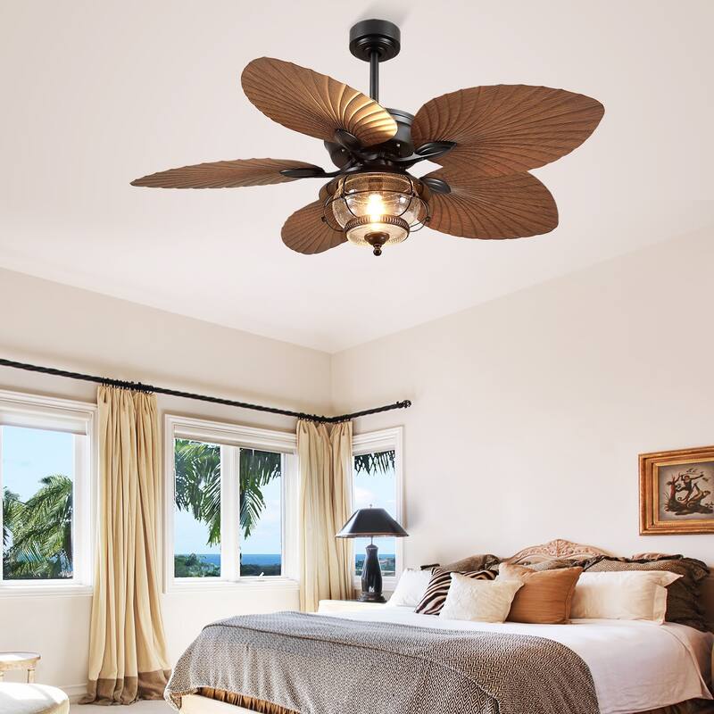 Kviflon 52 Inch Tropical Ceiling Fan with Light Palm Leaf Blades,Wet Rated for Living Room Bedroom Patio Farmhouse - 52 Inches