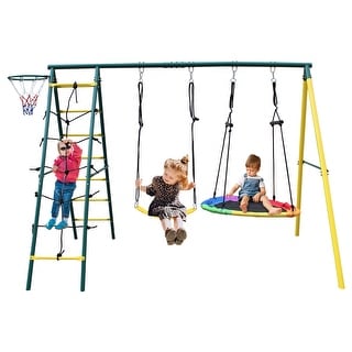 Indoor/Outdoor Metal Swing Set with Safety Belt for Backyard - Multicolor