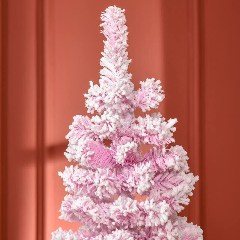 Pink Snow Flocked Pencil Christmas Tree Indoor Slim Space Saving Artificial Tree with Hinged Branches and Steel Base