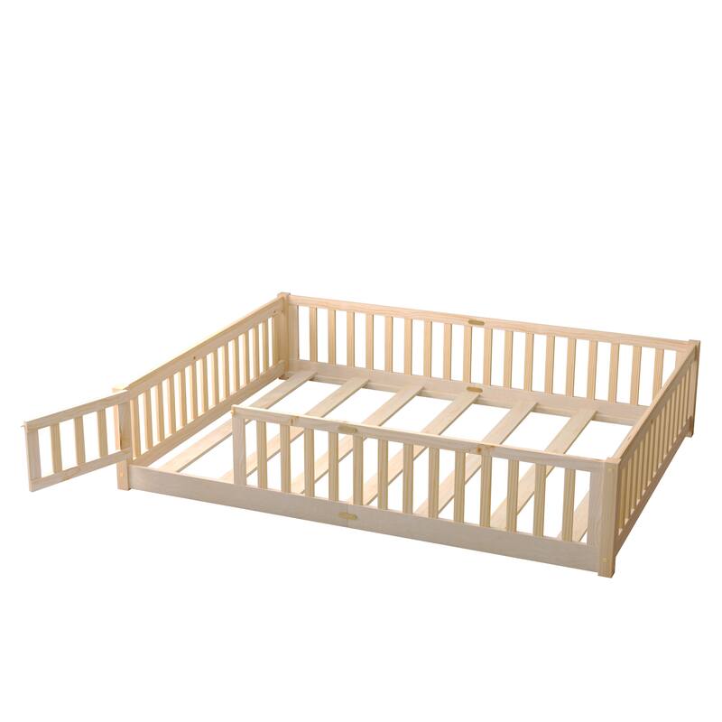 Floor Platform Bed with Fence Guardrails and Door