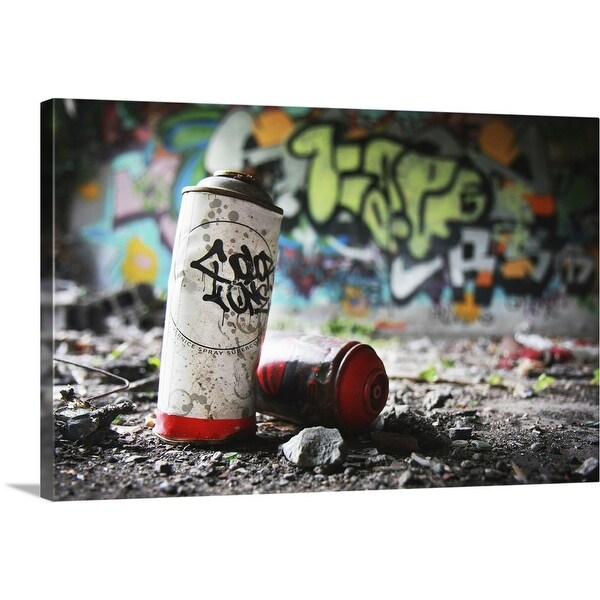 "Piece of evidence - empty paint can in front of graffiti-covered wall" Canvas Wall Art