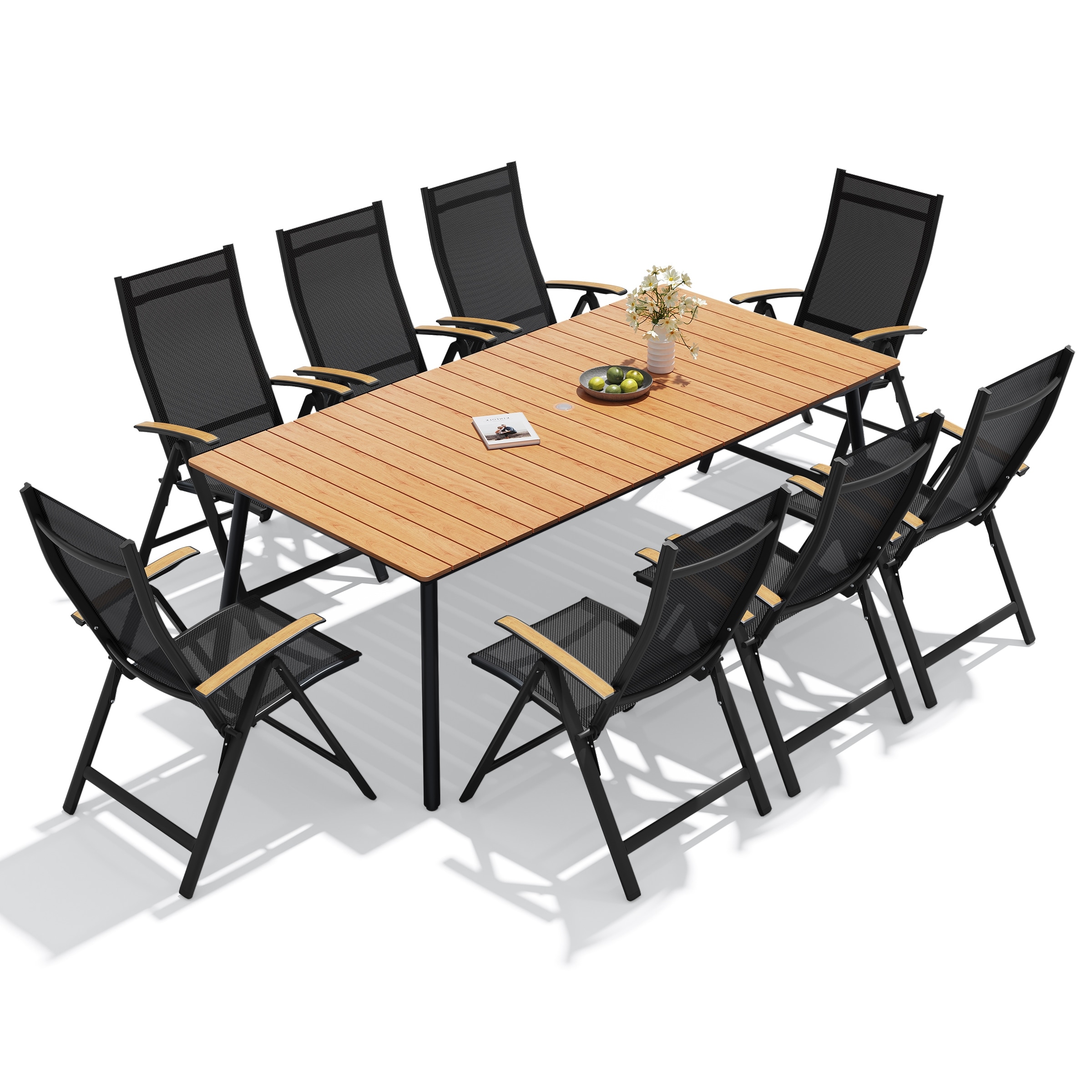9-Piece Outdoor Patio Dining Set Wood-Like Table Top Aluminum Umbrella Hole Table with Folding Armrest Chairs