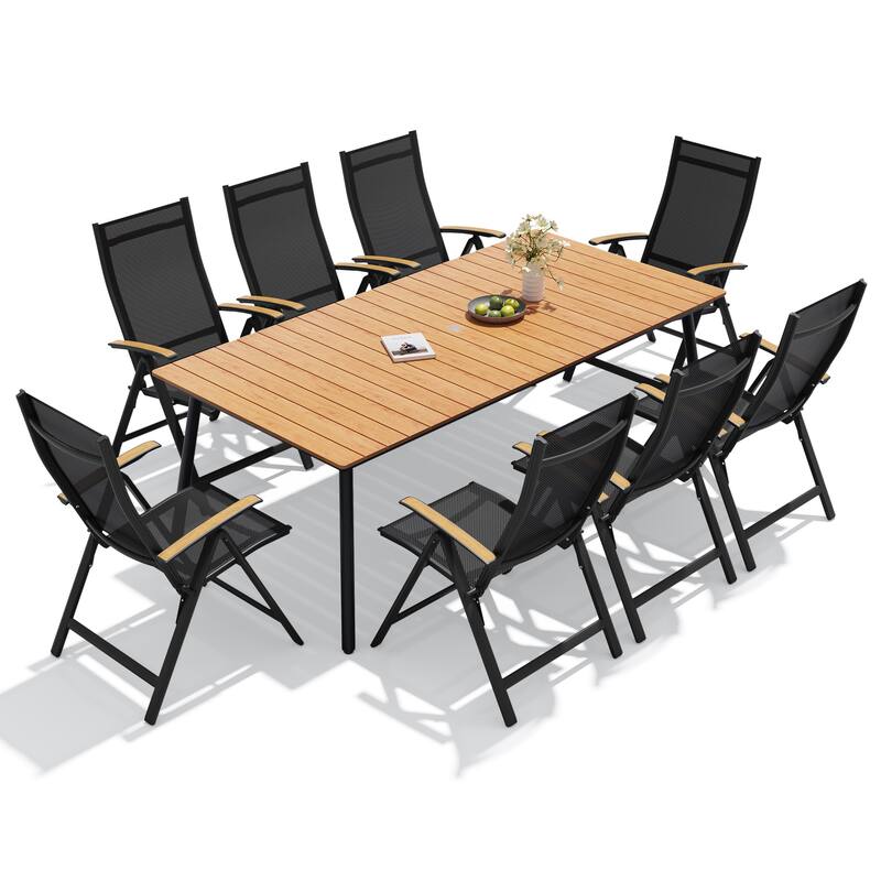 9-Piece Outdoor Patio Dining Set WPC Table Top Alumium Umbrella Hole Table with Folding Armrest Chairs - Brown