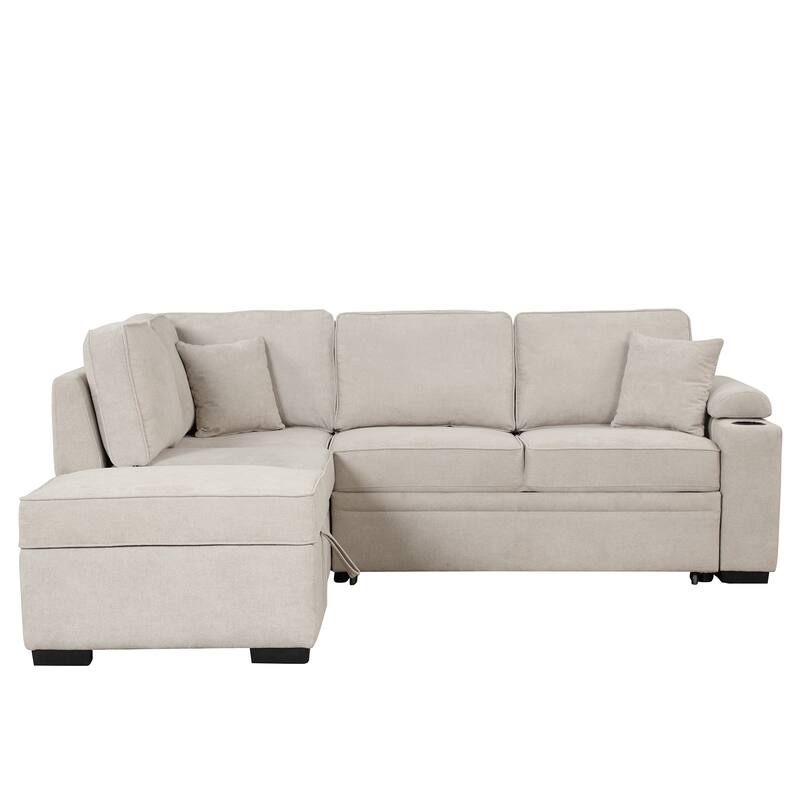 Linen 2 in 1 Pull Out sofa bed L-Shape Couch with Storage Ottoman and Cup Holder Sleeper Sofa Bed with Backrest and Pillows