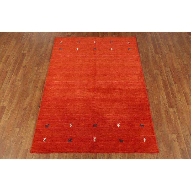 Hand Knotted Oriental 100% Wool Carpet Tribal Animal Pictorial Oranges & Rust Gabbeh Area Rug - 6' 7'' X 4' 7''