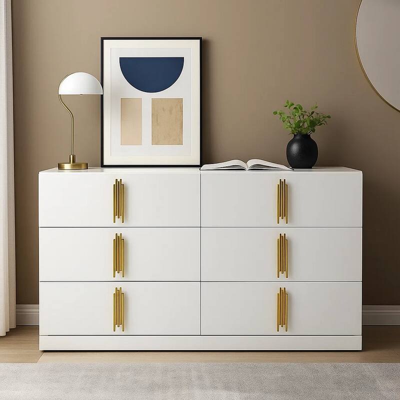 Dyl Wide Dresser, 6 Drawers, White Wood with Gold Accents