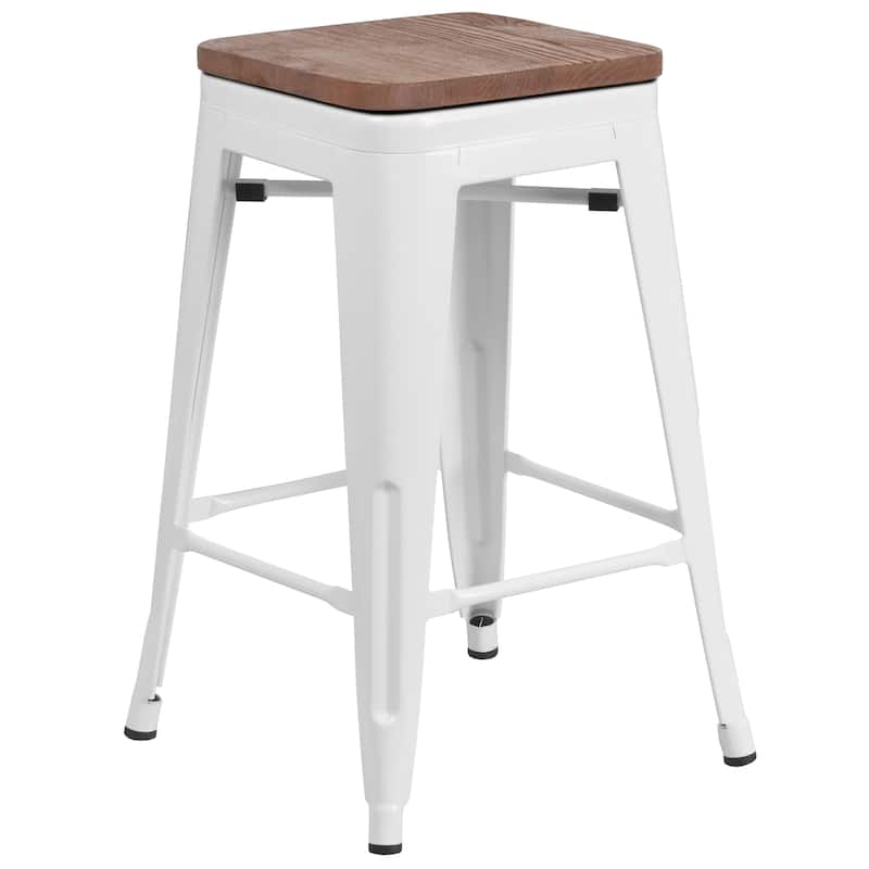 24" High Backless Metal Counter Height Stool with Square Wood Seat