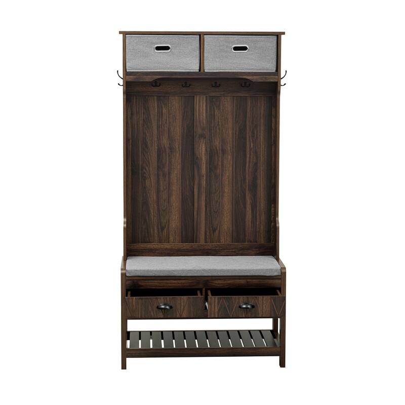 3-in-1 Design Hall Tree with 6 Hooks and Hinged Lid，Entryway Bench with Coat Hanger