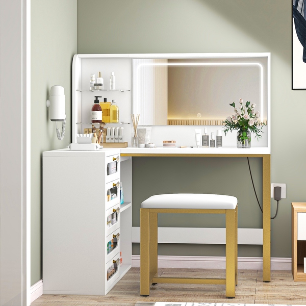 Moasis 48 L Shaped Makeup Vanity Set 5 Drawers with Lighted Mirror and Stool On Sale Bed Bath Beyond 40700991
