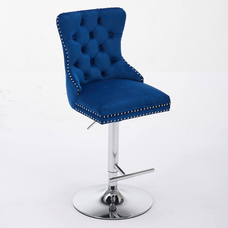 Thick Chrome Swivel Velvet Barstools,Adjustable Height,Modern Upholstered,Sponge&Spring（Set of 2)