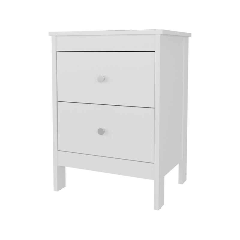 White Nightstand with Two Drawers and Knob Hardware