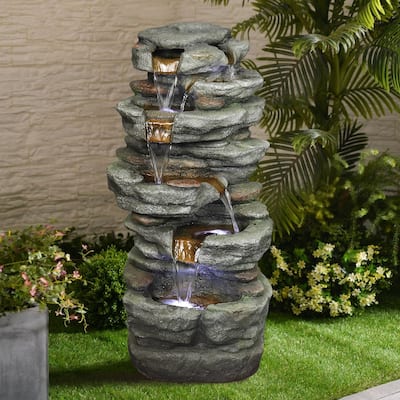 Alpine Corporation 2-Tier Modern Polystone Fountain W/ Warm White LED Lights