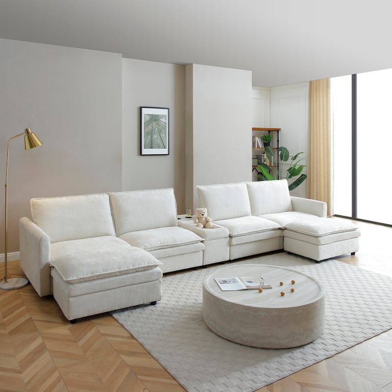 U-shaped Deep Seat Sectional Sofa Chenille Modular Reclining Couch with Storage Console Table, Ottomans and Adjustable Backrest