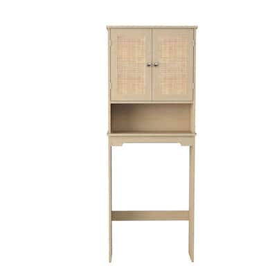 Natural Wood Over The Toilet Storage Cabinet with 2 Rattan Doors, Adjustable Shelves, and an Open Storage Shelf