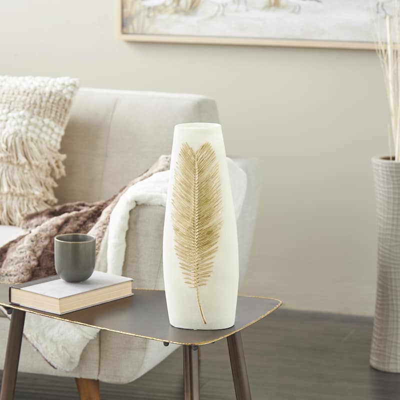 Polystone Leaf Decorative Vase with Gold Leaf Relief - Cream - Roche River Decor