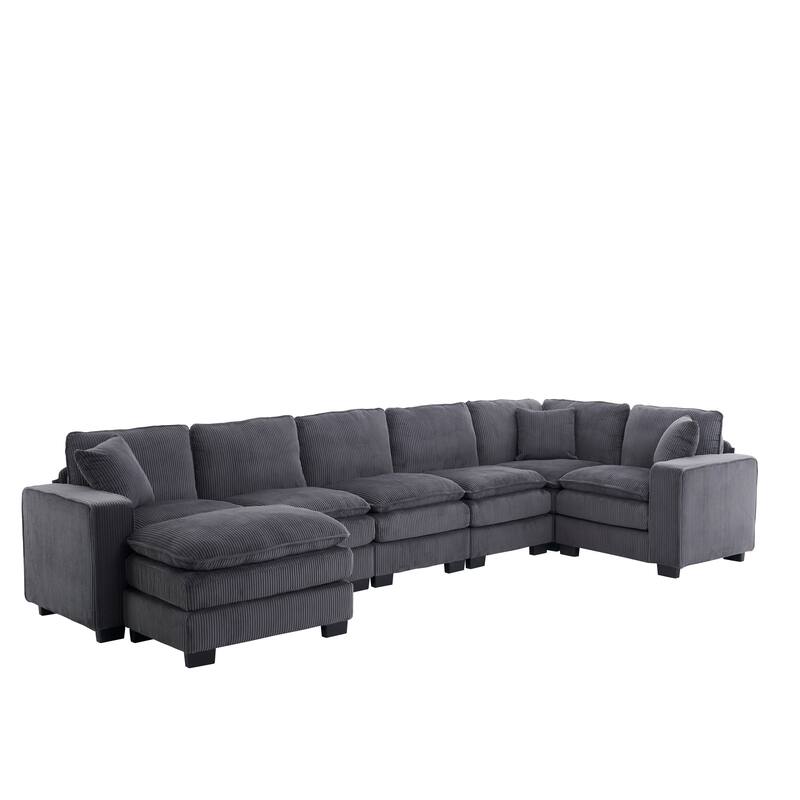 Corduroy Upholstered U-shaped Chaise Sectional Sofa Modular Sleeper Sofa Bed Deep Seat Couch with Ottoman and Pillows