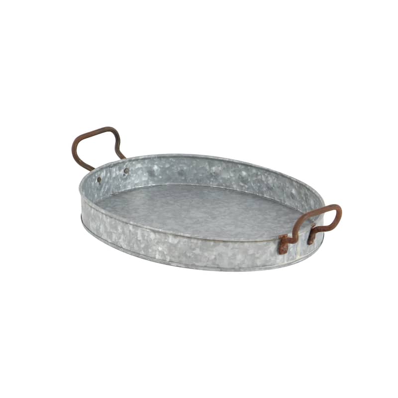 Metal Galvanized Oval Tray with Rust Handles - Set of 3 Gray - Roche River Decor - 15"W x 21"L x 4"H